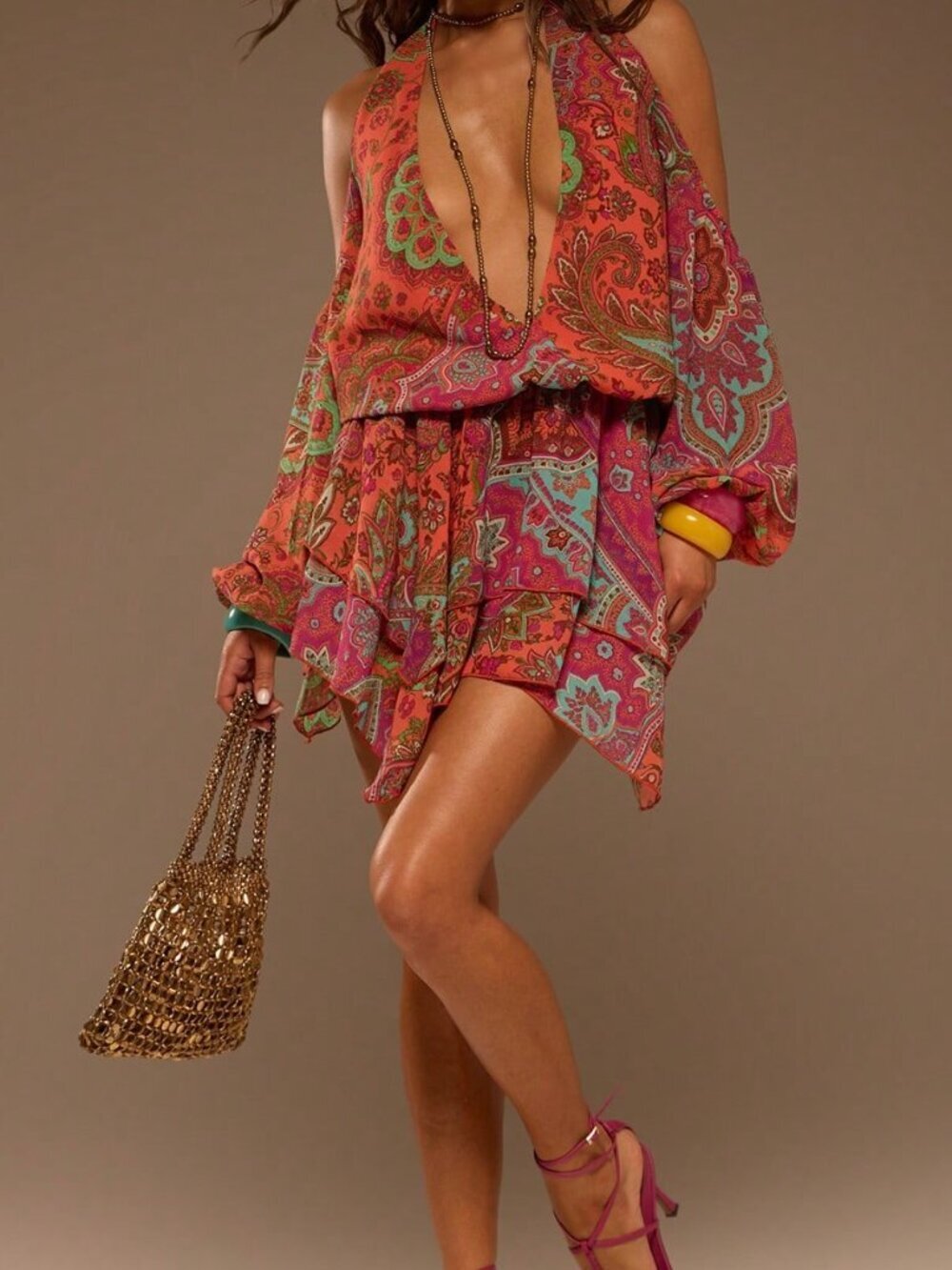Multicolor Boho Women's Plunge V-Neck Open Shoulder Asymmetric Hem Mini Dress